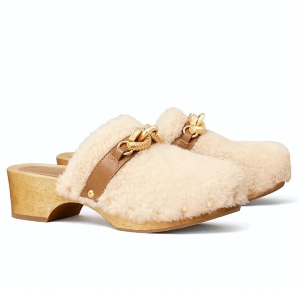 Tory Burch Shearling Jessa Studded Clog Shoe Women's Size 8.5